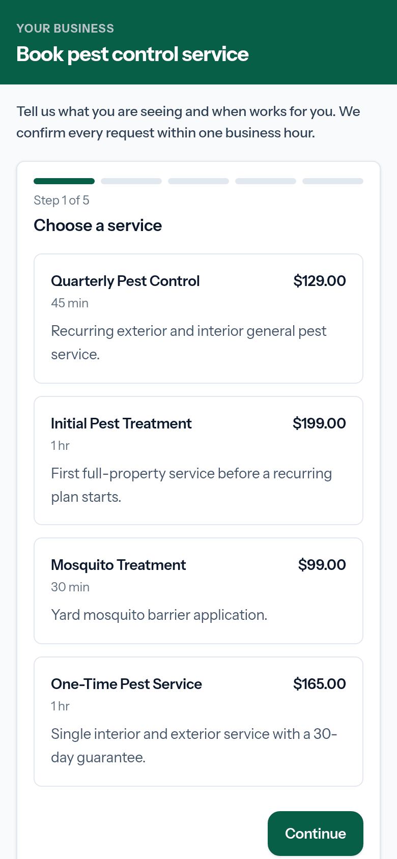 The public booking page on a customer's phone, showing services with prices and a continue button.