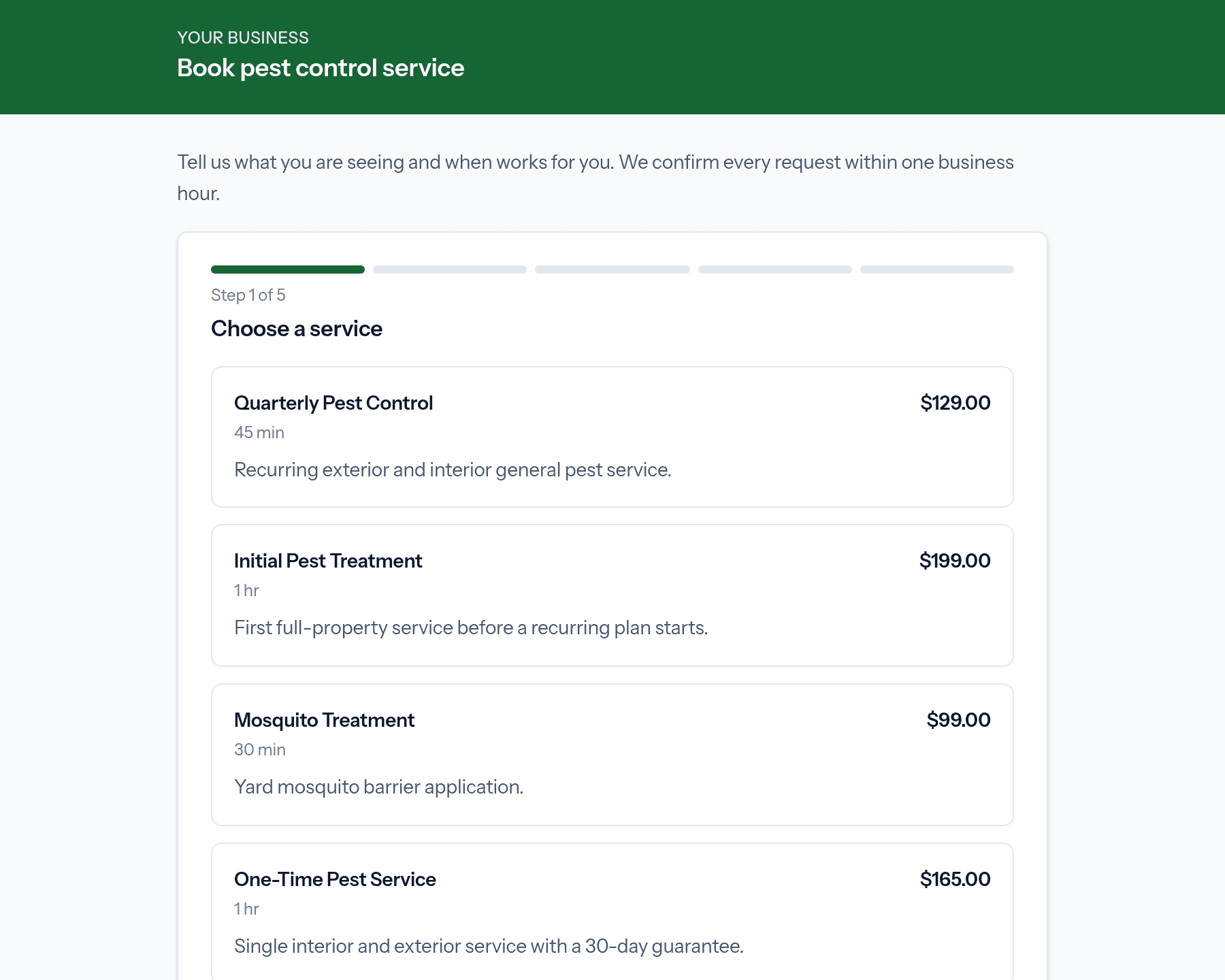 The public booking page for a pest control company showing its services, prices and durations.