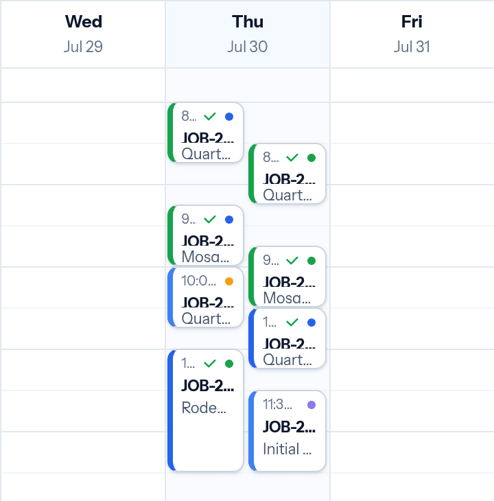 A three-day detail of the dispatch board with Thursday's pest control jobs stacked side by side.