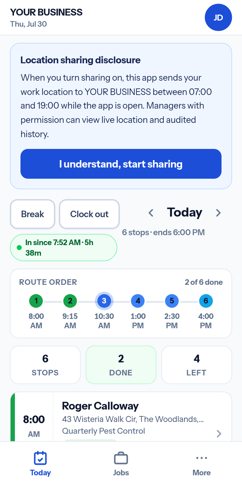 The technician app showing today's six stops in route order with times and job statuses.